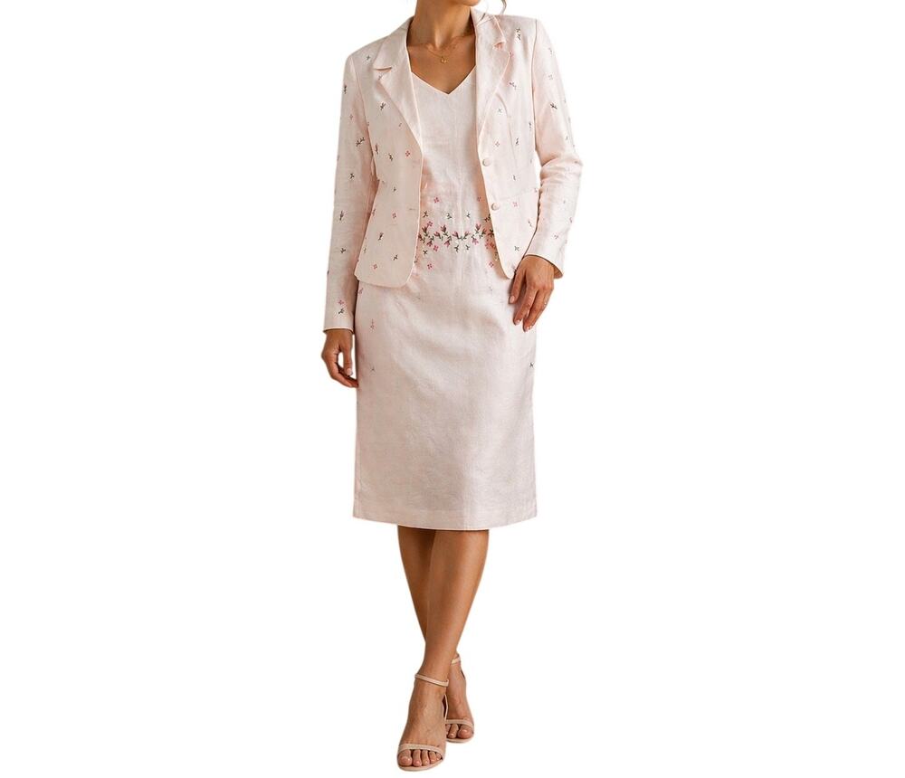Vintage Anna Carole Pink Floral Embroidered Silk Linen Dress Suit Set 12